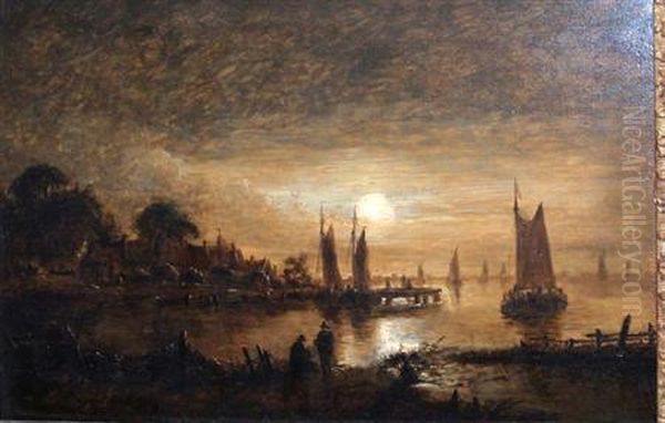 Estuary By Moonlight Oil Painting by Aert van der Neer