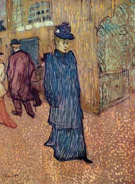 Jane Avril Infront Of The Moulin Rouge Oil Painting by Henri De Toulouse-Lautrec