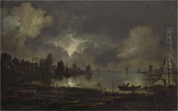 View Of A Lakeside Town By Moonlight, With An Eel Trap In Theforeground Oil Painting by Aert van der Neer