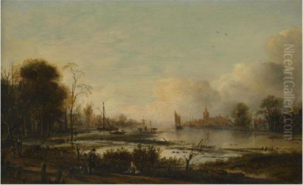 A River Estuary At Dusk With Figures Returning Home Along A Track,a Town Beyond Oil Painting by Aert van der Neer