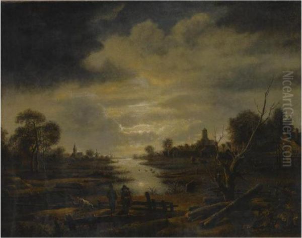 An Extensive Moonlit River Landscape Oil Painting by Aert van der Neer