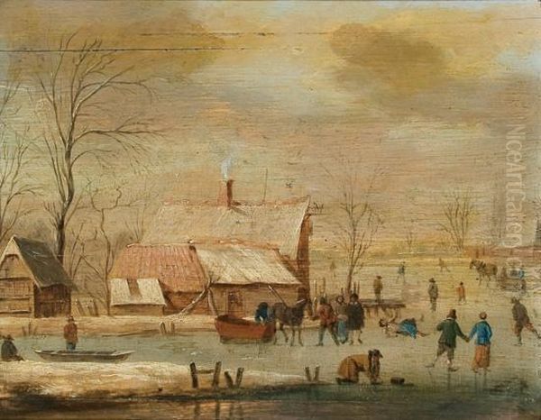 Figures Skating Near A Village Oil Painting by Aert van der Neer