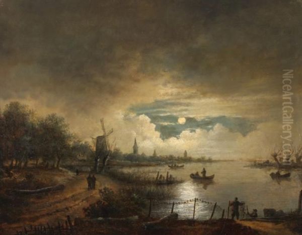 Landscape By Nightbeneath A 
Heavily Clouded Sky And Full Moon. On The Right A Riverscene With 
Fishermen, On The Left A Town And A Windmill Oil Painting by Aert van der Neer