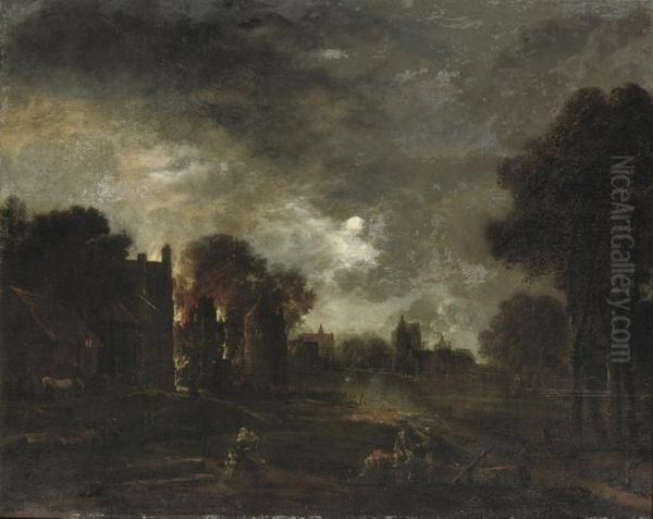 A Moonlit River Landscape With A Town On Fire Oil Painting by Aert van der Neer