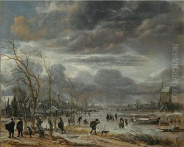 A Winter Lanscape With Figures 
Battling Across A Frozen River Ina Snowstorm, A Post Mill To The Right Oil Painting by Aert van der Neer