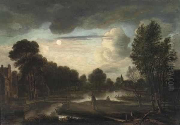 A Moonlit River Landscape With Three Figures Near A Bridge And Achurch In The Distance Oil Painting by Aert van der Neer