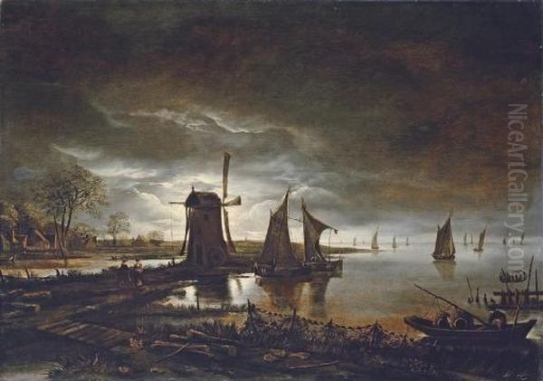 A Moonlit River Landscape With A Windmill And Fishing Boats Oil Painting by Aert van der Neer