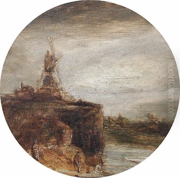 A Windmill Atop A Cliff With Figures In The Foreground Oil Painting by Aert van der Neer