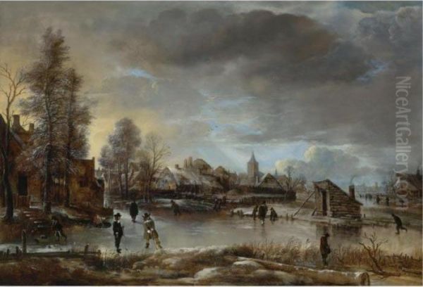 Winter Landscape With Kolf Players And Skaters On A Frozen Canal Oil Painting by Aert van der Neer