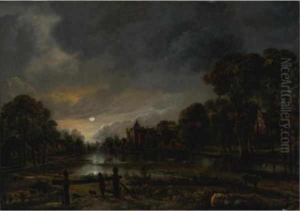 Moonlit River Landscape With Cottages On The Wooded Banks Oil Painting by Aert van der Neer