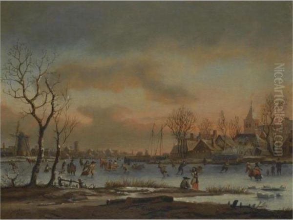 An Extensive Winter Landscape With Numerous Figures Skating, A Church Beyond Oil Painting by Aert van der Neer