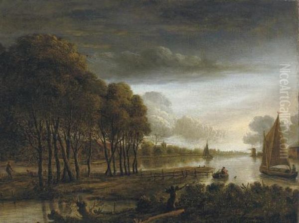 A Moonlit River Landscape With Boats Beyond Oil Painting by Aert van der Neer