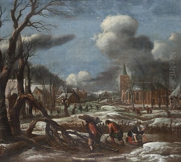 A Winter Landscape With Figures 
In The Foreground Collecting Wood, Skaters And A Village Beyond Oil Painting by Aert van der Neer