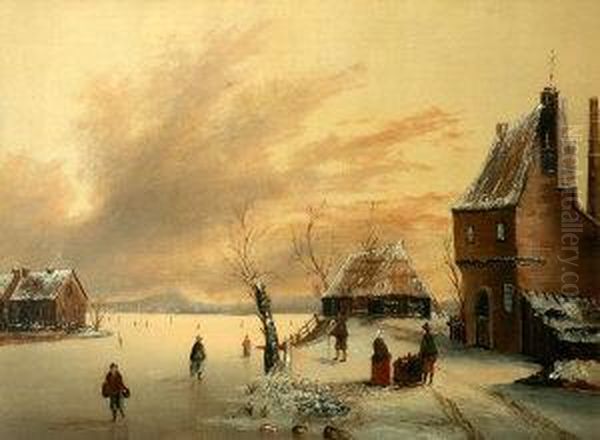 Figures On A Frozen Lake Beside Cottages Oil Painting by Aert van der Neer