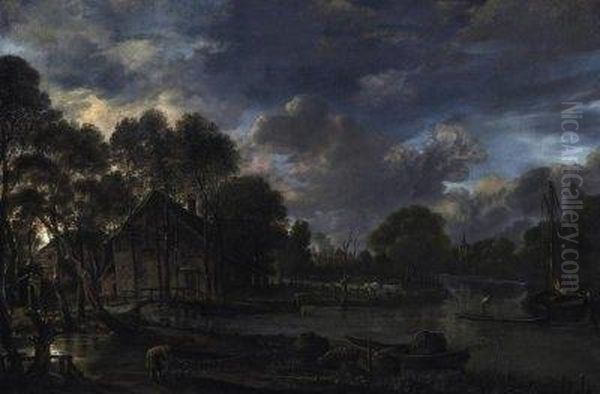 Moonlit Riverlandscape Oil Painting by Aert van der Neer