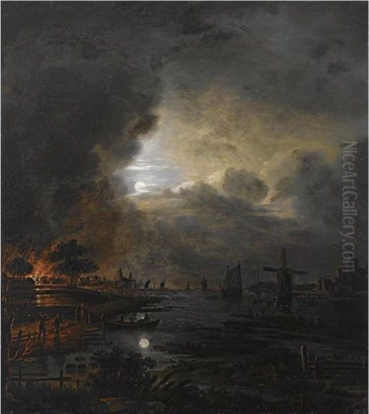 A Moonlit River Landscape With A Village Burning In The Background Oil Painting by Aert van der Neer