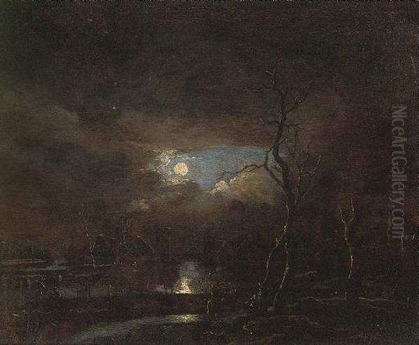 A Moonlit River Landscape With A Village In The Distance Oil Painting by Aert van der Neer