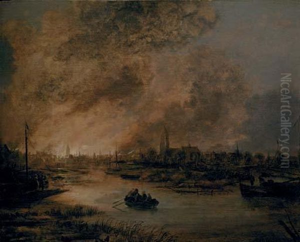 A River Landscape At Night With A Rowing Boat, A Burning City Beyond Oil Painting by Aert van der Neer