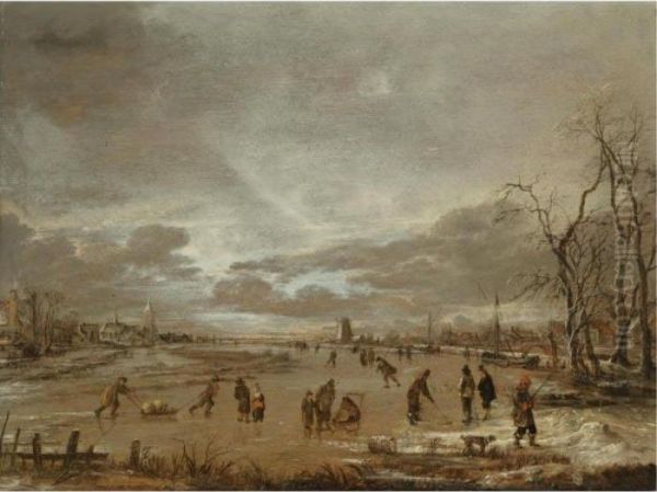 A Winter Landscape With Skaters And Kolf Players On A Frozen River Oil Painting by Aert van der Neer