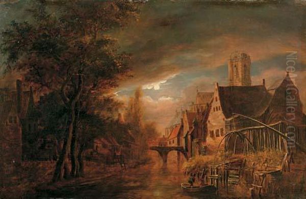 A Moonlit River Landscape With Fishermen, A Village Nearby Oil Painting by Aert van der Neer