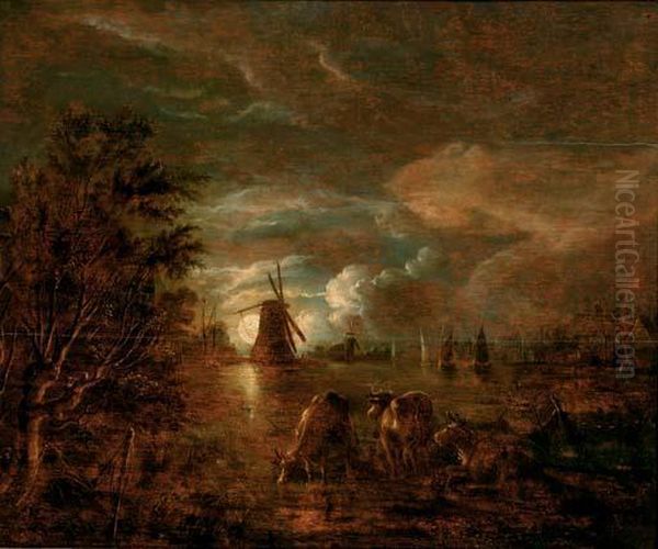 A Moonlit River Landscape Oil Painting by Aert van der Neer