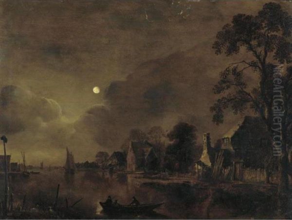 A Moonlit Landscape With Two Men On A Raft In The Foreground Oil Painting by Aert van der Neer