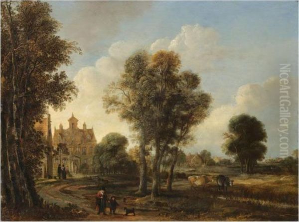 A Landscape With Figures On A Path Near A Country House Oil Painting by Aert van der Neer