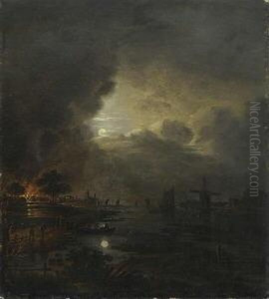 Niederlandische Flusslandschaft Bei Mondschein. Oil Painting by Aert van der Neer