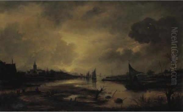 A Nocturnal Estuary Scene By Moonlight Oil Painting by Aert van der Neer