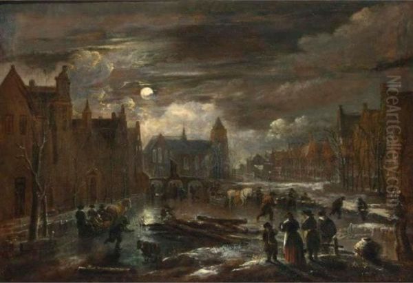 A Winter Landscape With Figures 
And Horse-drawn Sleighs On A Frozen Canal In A Town By Moonlight, With A
 Triple-arched Bridge And A Church In The Background Oil Painting by Aert van der Neer