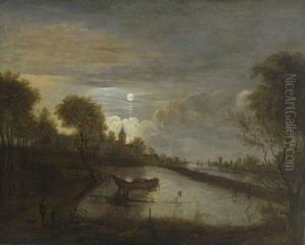 Hollandische Flusslandschaft Im
 Mondschein. Oil Painting by Aert van der Neer