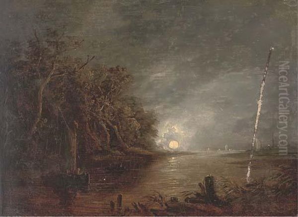 A Moonlit River Landscape Oil Painting by Aert van der Neer