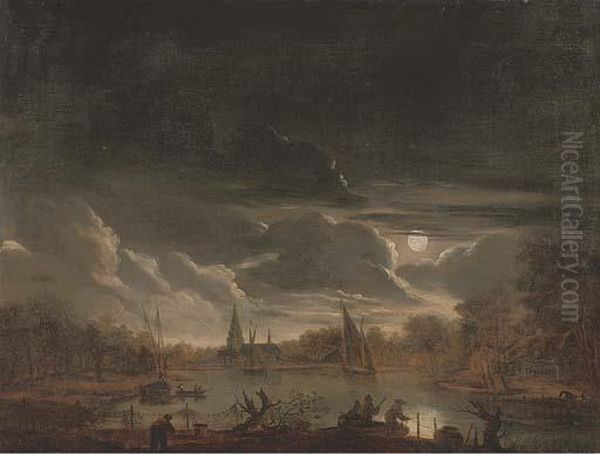 A Moonlit River Landscape With Fishermen Drawing In Their Nets Oil Painting by Aert van der Neer