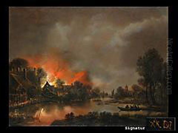 Nachtliche Kanallandschaft Mit Feuer In Einem Dorf Oil Painting by Aert van der Neer