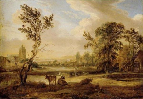 A Landscape With A Milkmaid And Cows, A Church Beyond Oil Painting by Aert van der Neer