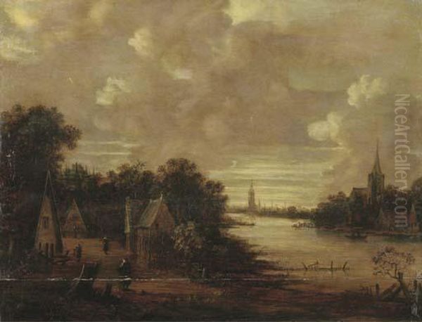 A Moonlit River Landscape With Figures On A Track, A Church In Thedistance Oil Painting by Aert van der Neer