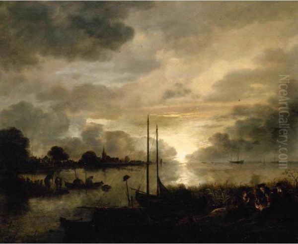 Estuary Landscape By Moonlight 
With Figures Gathered Around A Camp-fire In The 
Foreground Oil Painting by Aert van der Neer