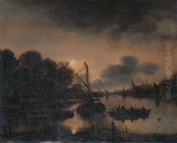 A Moonlit Landscape With Moored Vessels On A River Oil Painting by Aert van der Neer