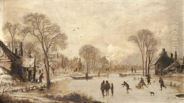 Skaters On A Frozen Canal By A Village Oil Painting by Aert van der Neer