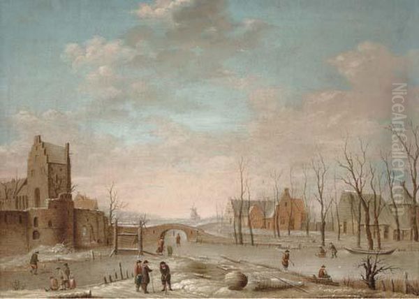 A Winter Landscape With Figures Playing Kolf On A Frozen River Oil Painting by Aert van der Neer