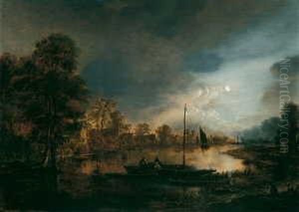 Mondbeschienene Flusslandschaft Mit Drei Mannern In Einem Boot. Oil Painting by Aert van der Neer