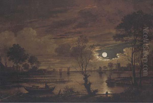 A Moonlit River Landscape With Fisherman Oil Painting by Aert van der Neer