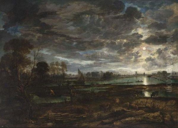 An Extensive River Landscape By Moonlight With Fishermen And Cows In The Foreground Oil Painting by Aert van der Neer