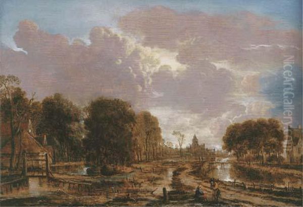 A Wooded Landscape Oil Painting by Aert van der Neer