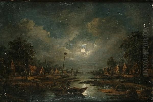 A Moonlit River Landscape With Fishermen In A Boat, A Village Beyond Oil Painting by Aert van der Neer