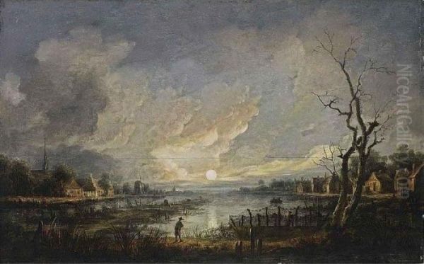 A Moonlit River Landscape With A
 Man Leaning On His Walking Stick And Fishermen In A Rowing Boat Near A 
Village Oil Painting by Aert van der Neer