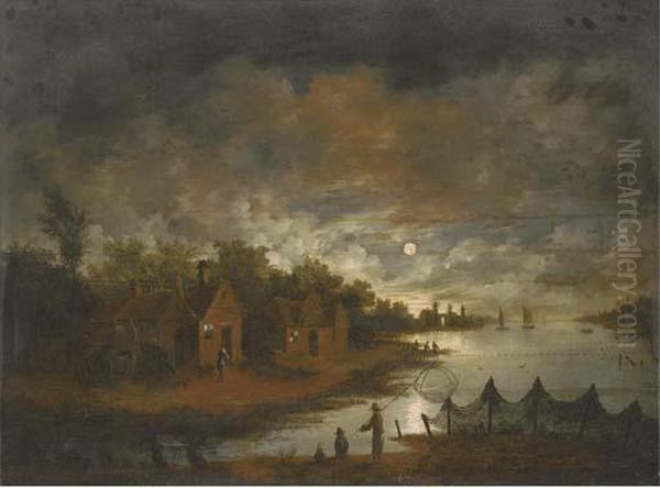 A Moonlit River Landscape With Fishermen By The Bank Oil Painting by Aert van der Neer