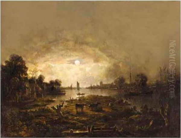 A River Landscape By Moonlight With Cattle In The Foreground And Shipping Beyond Oil Painting by Aert van der Neer