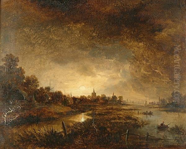 A Riverside Village At Sunset Oil Painting by Aert van der Neer