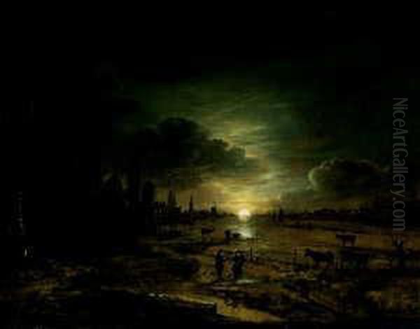 Weite Flusslandschaft Bei Sonnenuntergang. Oil Painting by Aert van der Neer